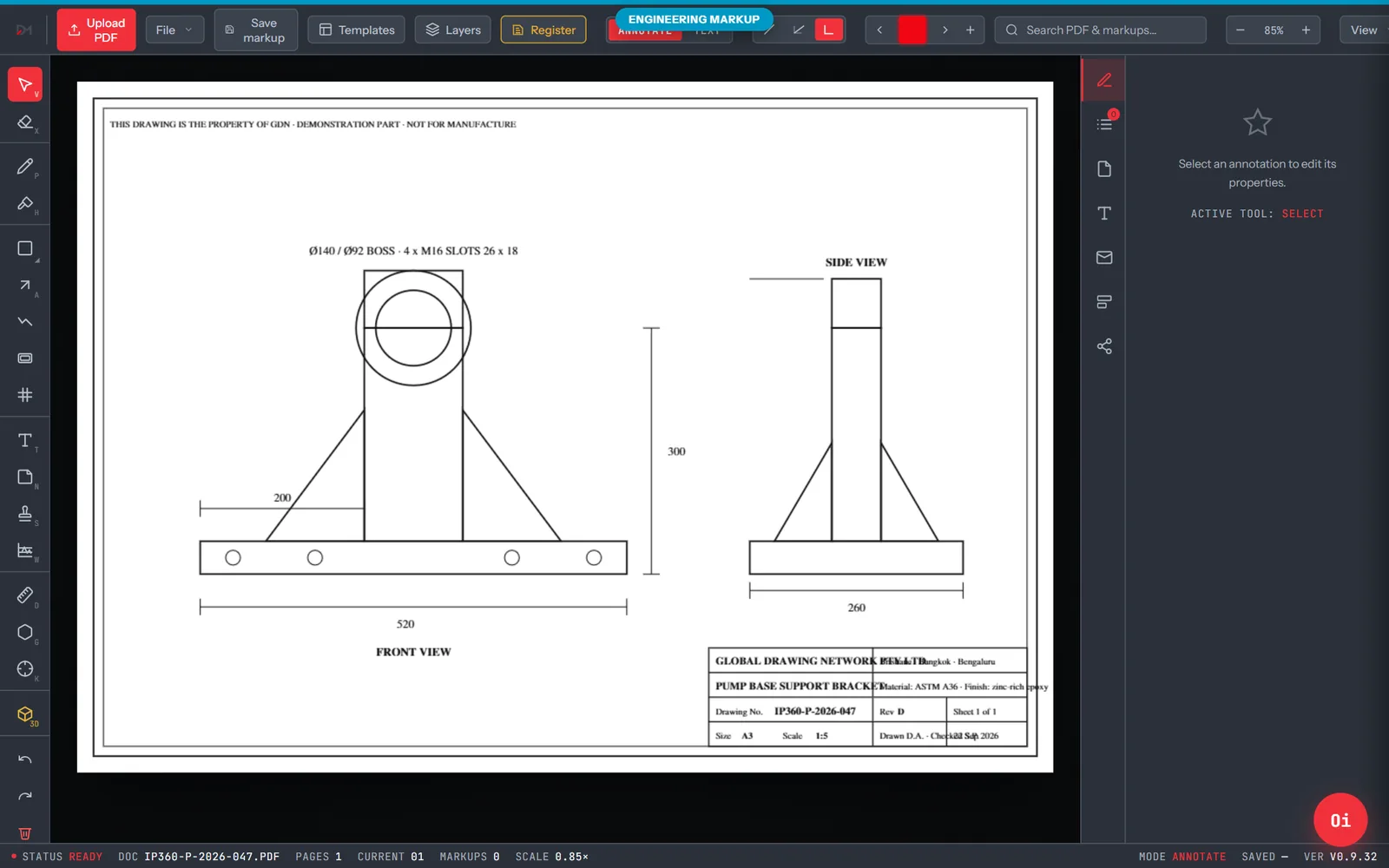 DraftMarker with drawing IP360-P-2026-047 open at Engineering markup stage