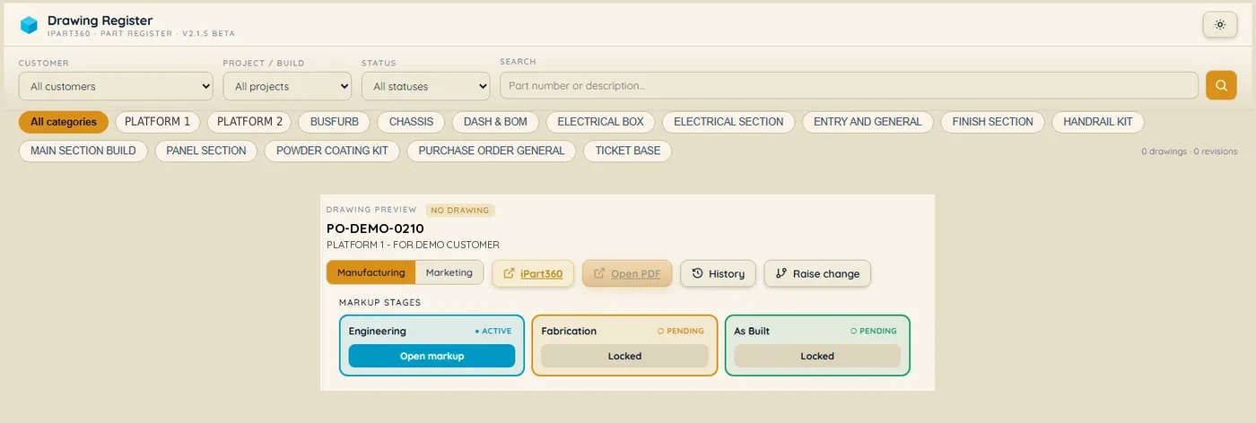 Drawing Register — filter by customer, project and category