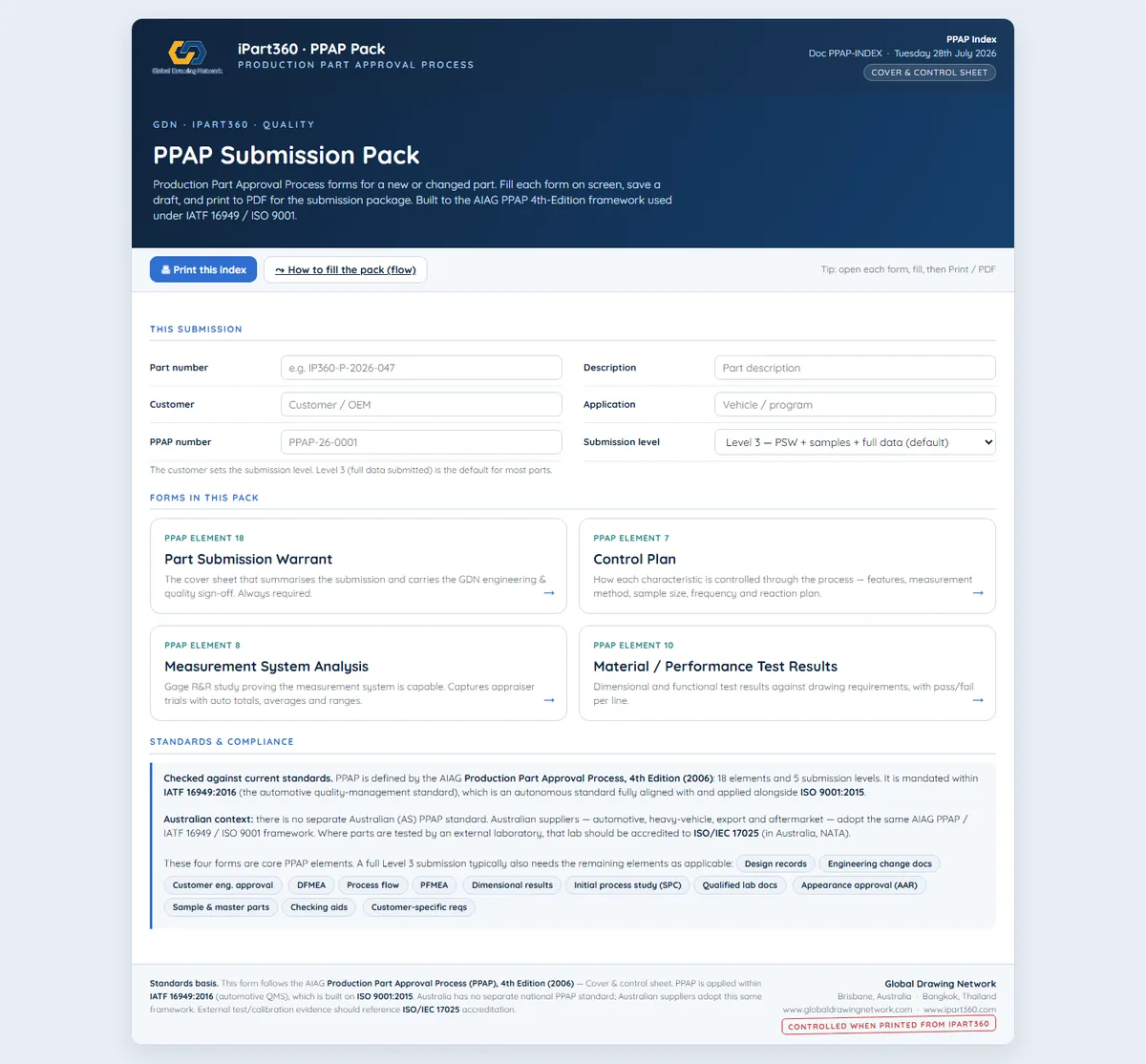 iPart360 PPAP — PSW, Control Plan, MSA, Test Results and Process Flow
